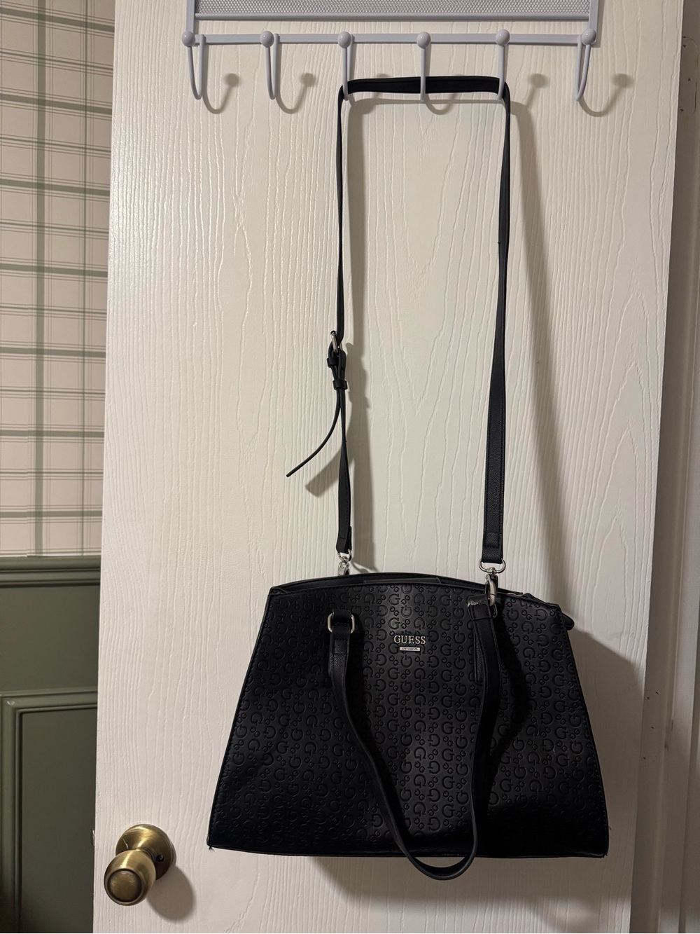 GUESS Black Embossed Logo Satchel with Adjustable Strap